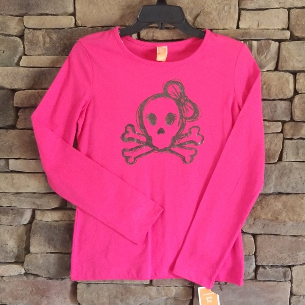 Girls Hot Pink Long Sleeve Skull T-shirt. …